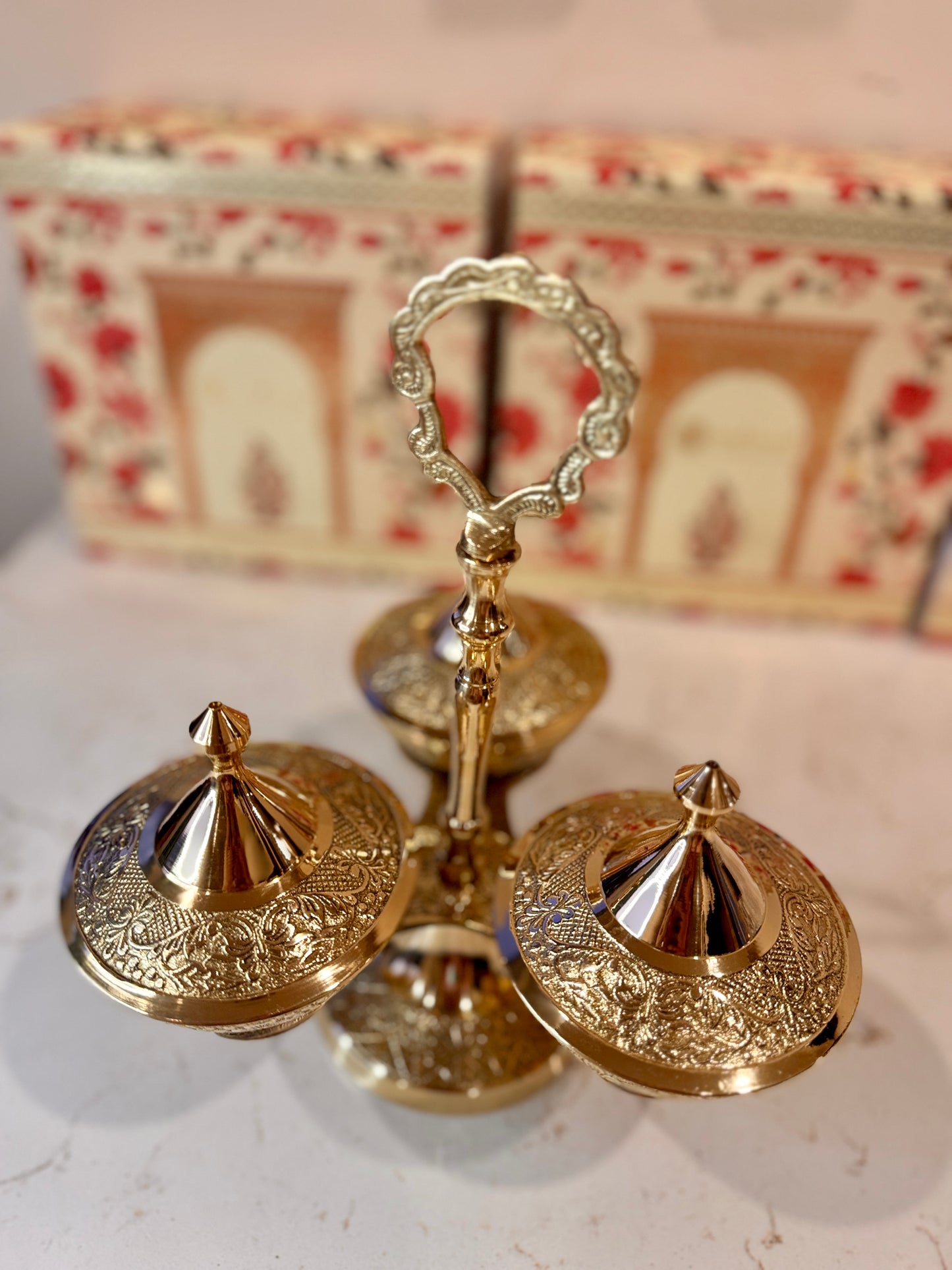 Premium Pure Brass Dry Fruit Stand – 3 Bowl Designer Server
