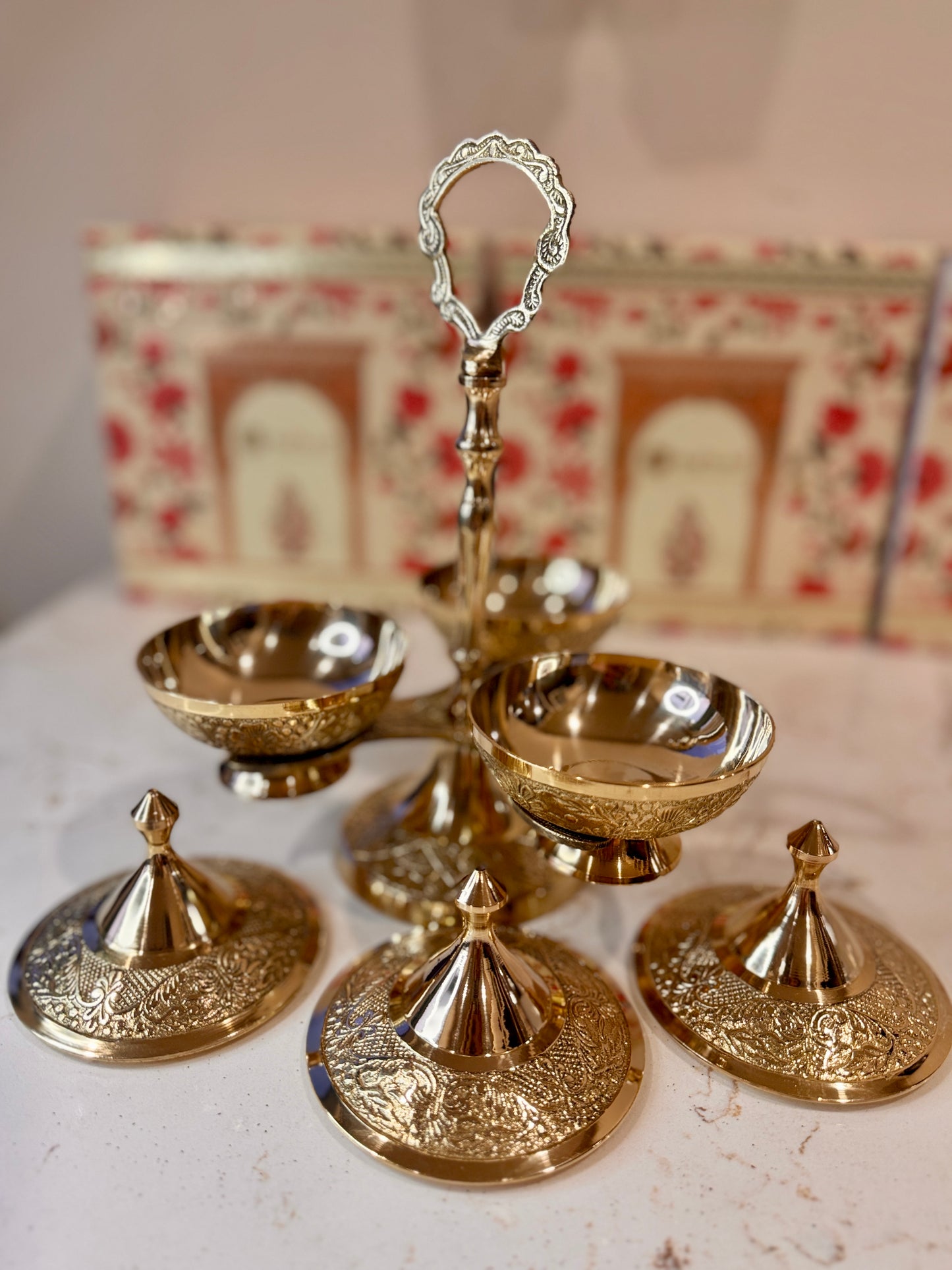 Premium Pure Brass Dry Fruit Stand – 3 Bowl Designer Server