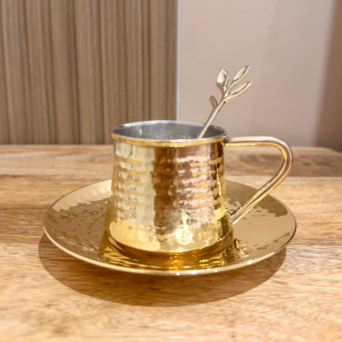 Nayi Naveli Premium Hand-Hammered Brass Tea Cup & Saucer Set with Decorative Spoon | Kalai Coated Interior | Luxury Indian Serveware | Made in India