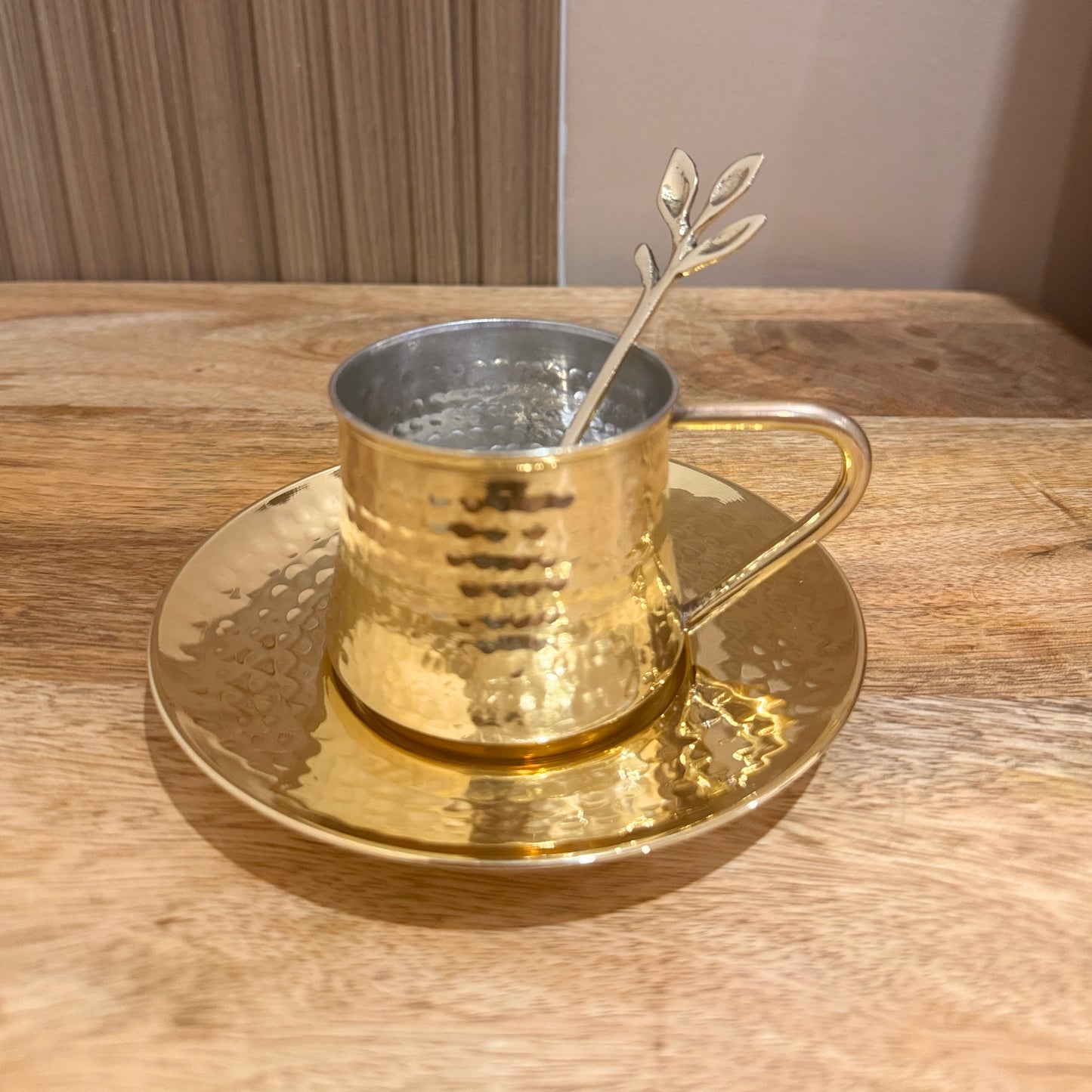 Nayi Naveli Premium Hand-Hammered Brass Tea Cup & Saucer Set with Decorative Spoon | Kalai Coated Interior | Luxury Indian Serveware | Made in India