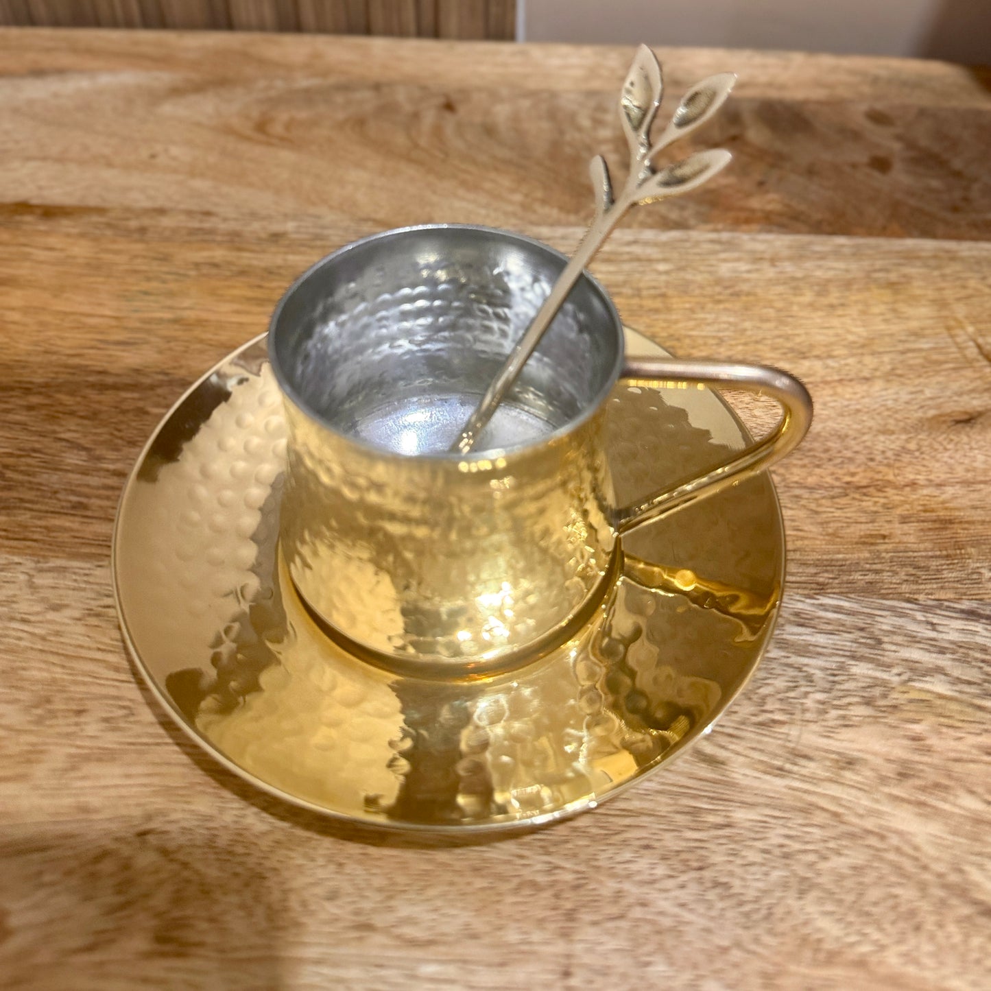 Nayi Naveli Premium Hand-Hammered Brass Tea Cup & Saucer Set with Decorative Spoon | Kalai Coated Interior | Luxury Indian Serveware | Made in India
