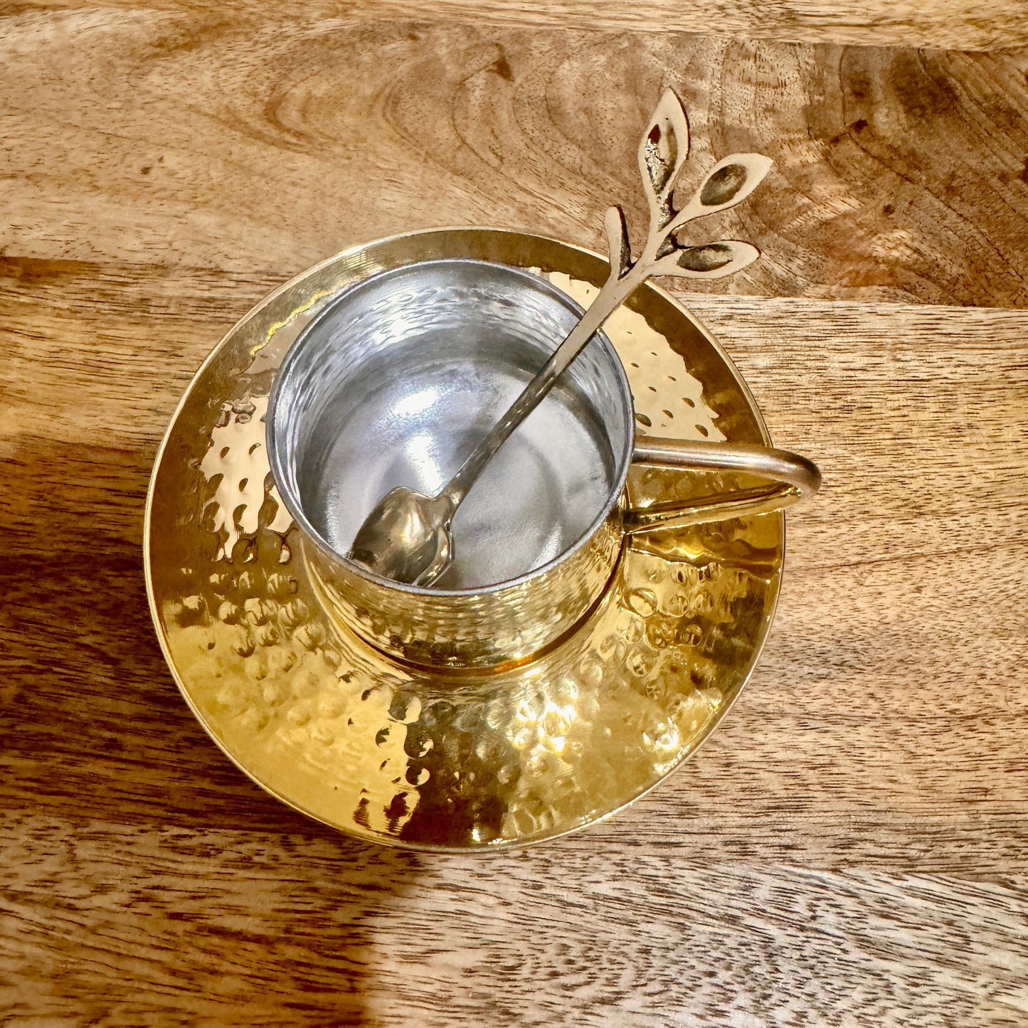 Nayi Naveli Premium Hand-Hammered Brass Tea Cup & Saucer Set with Decorative Spoon | Kalai Coated Interior | Luxury Indian Serveware | Made in India