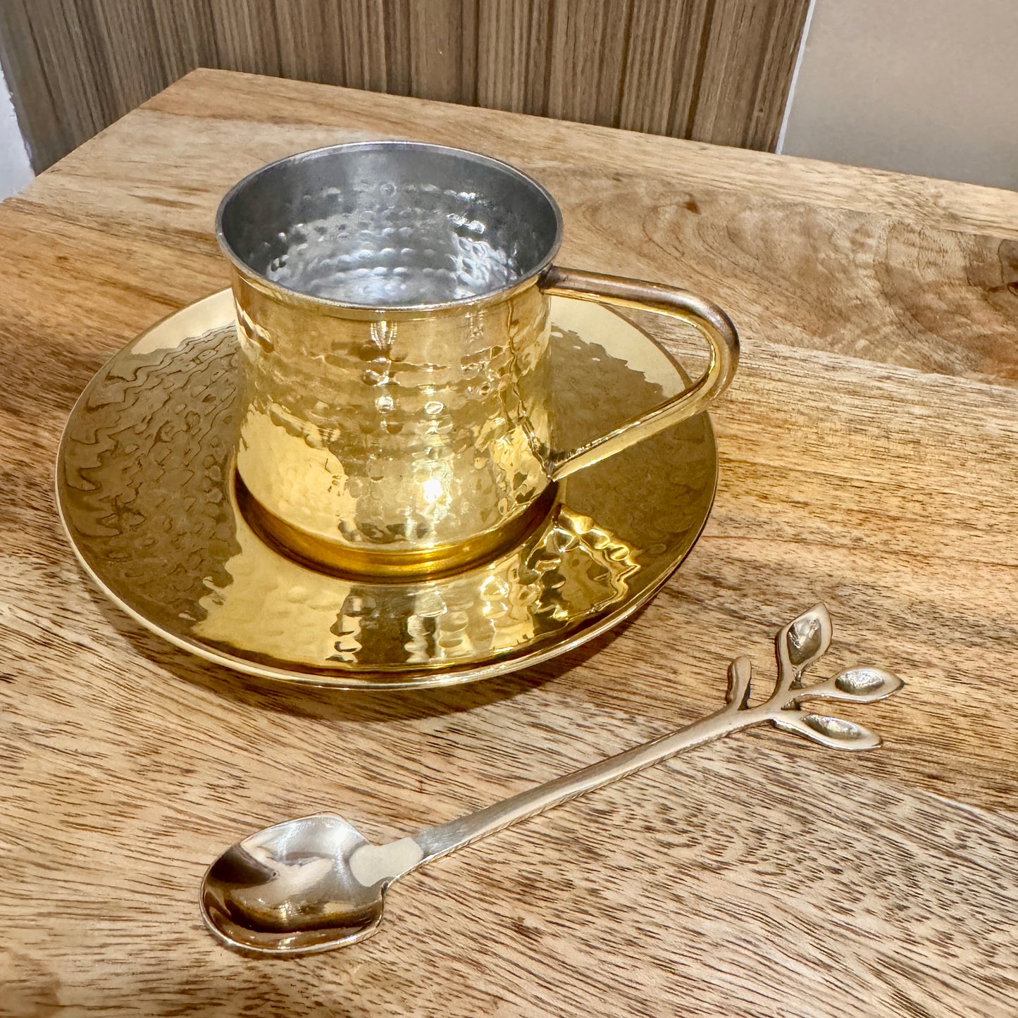 Nayi Naveli Premium Hand-Hammered Brass Tea Cup & Saucer Set with Decorative Spoon | Kalai Coated Interior | Luxury Indian Serveware | Made in India