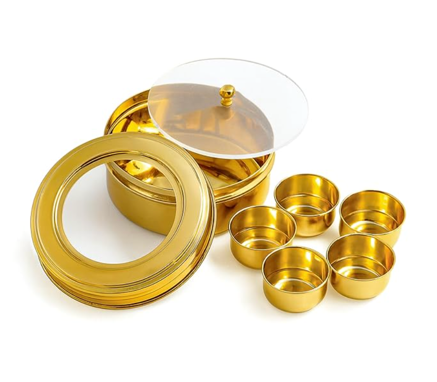 Nayi Naveli Handcrafted Brass Mini Masala Box 4 Inch | 5-Compartment Spice Storage Containers