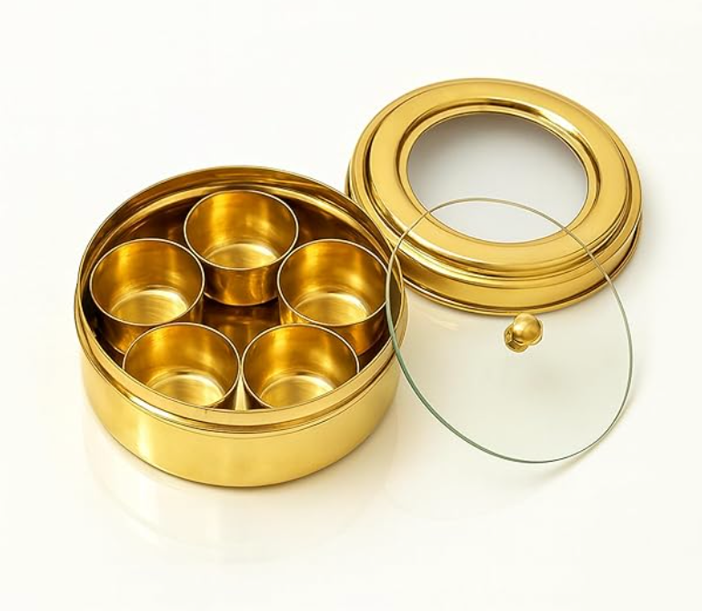 Nayi Naveli Handcrafted Brass Mini Masala Box 4 Inch | 5-Compartment Spice Storage Containers