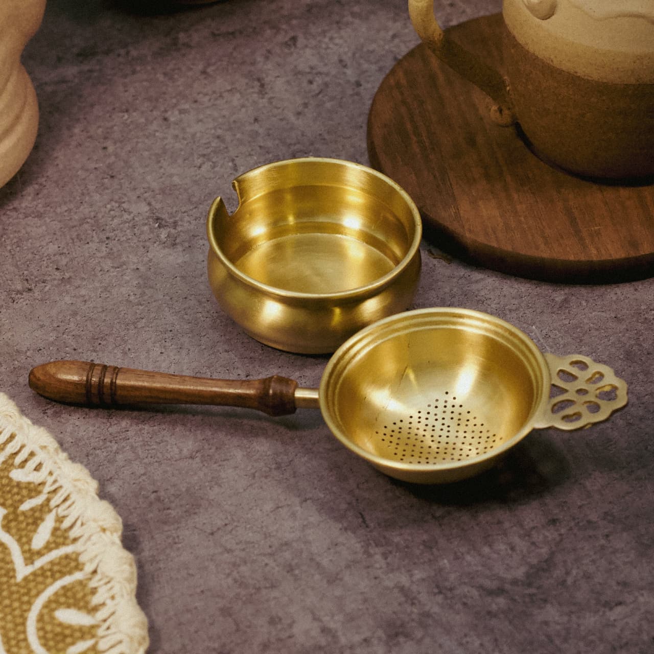 Pure Brass Tea Strainer with Bowl