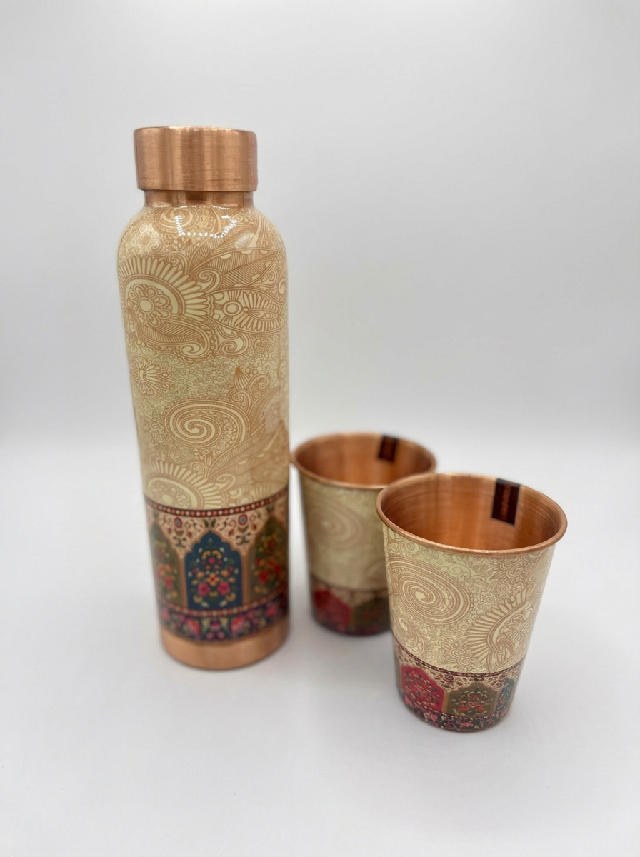 Premium Copper Water Bottle & Glasses Set (1 Litre)